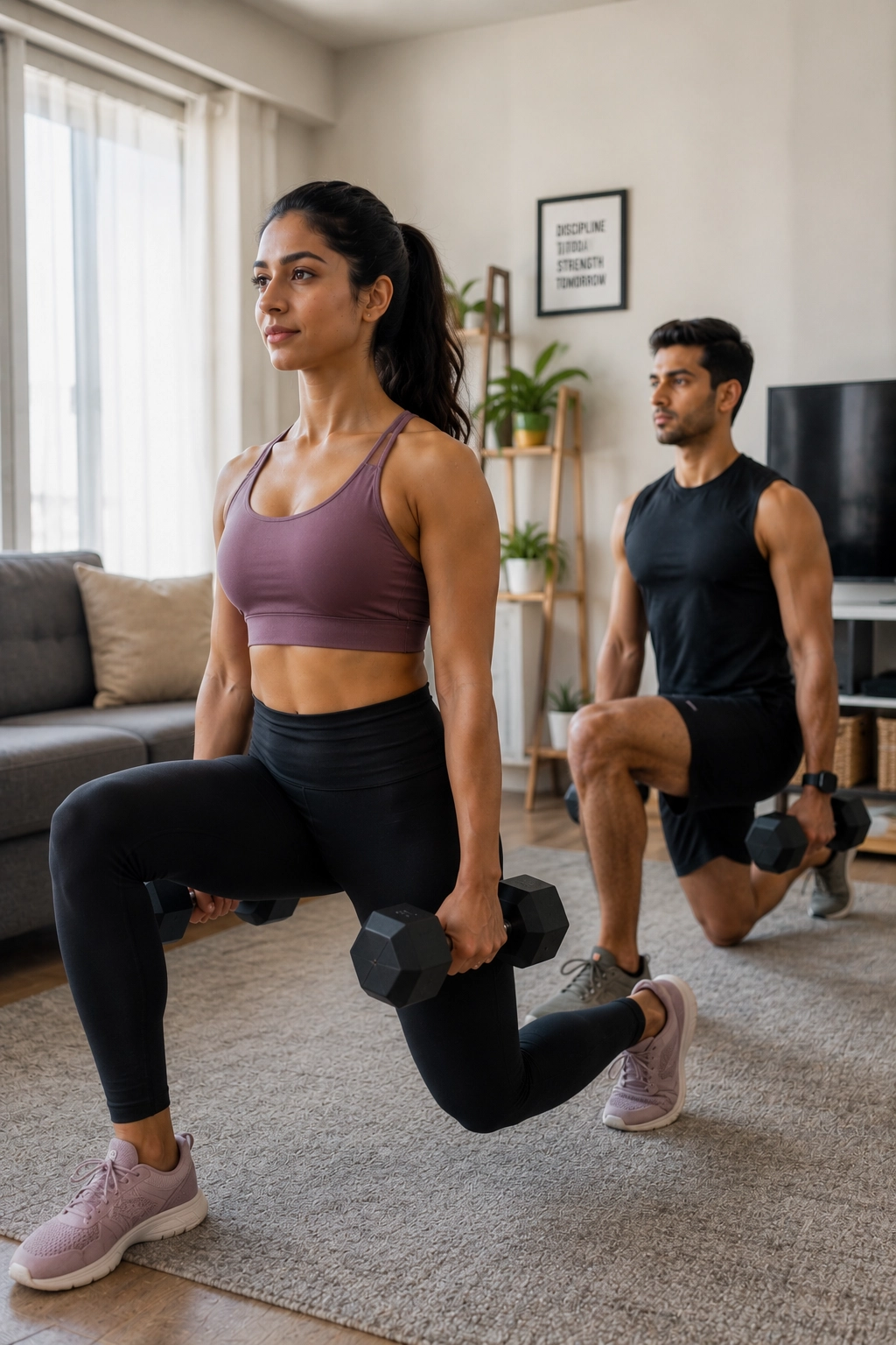 Couple doing strength training lunges with dumbbells at home