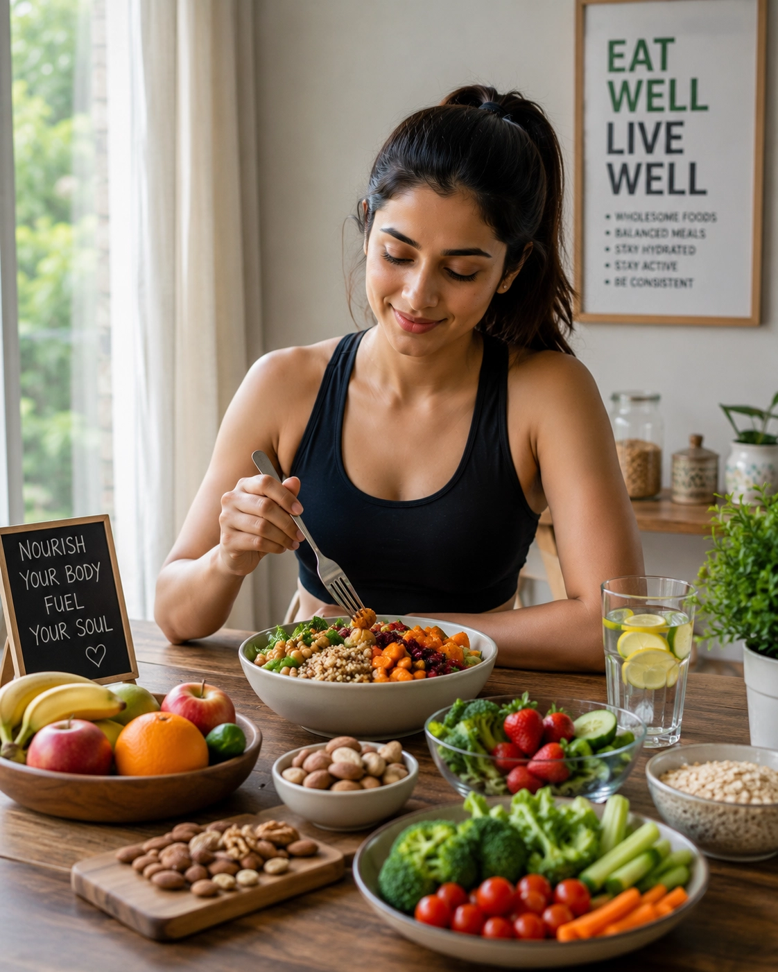 Woman enjoying a nourishing bowl of healthy food